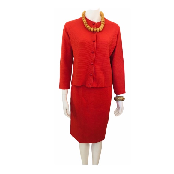 Vintage 60s Cardigan Skirt Set Ribbed Knit Coral Red M